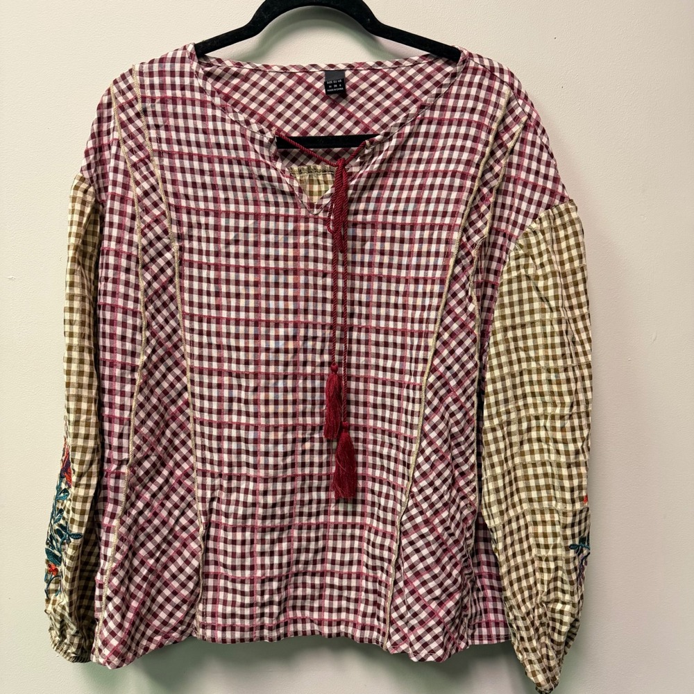 Boho Retro Cottagecore Coquette Gingham Patchwork Floral Embroidered Top Size 6